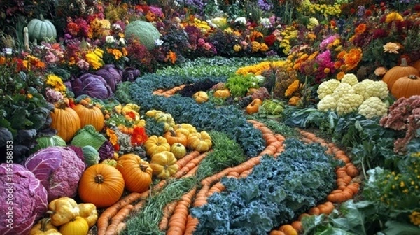 Fototapeta Lush vegetable garden featuring vibrant pumpkins, cabbages, and rows of carrots during a sunny day. Generative AI
