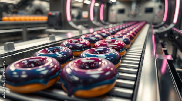 Fototapeta Glazed donuts moving along a conveyor belt in a food processing facility.  A close-up view showcases the glossy finish.