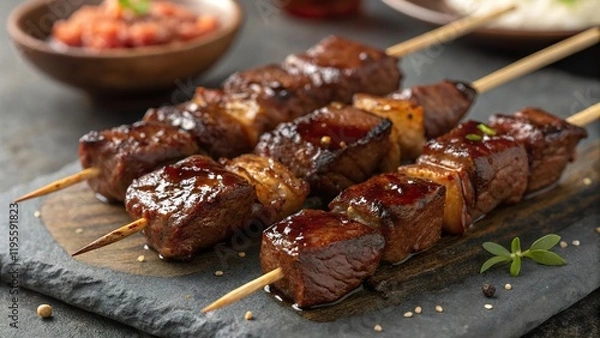Fototapeta Sizzling beef kebabs with smoky glaze served on a rustic platter surrounded by fresh side dishes
