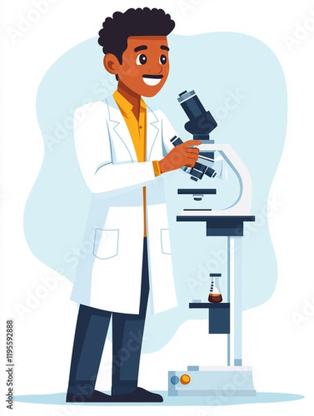 Obraz Happy scientist in a lab coat conducting experiments with a microscope - white backdrop