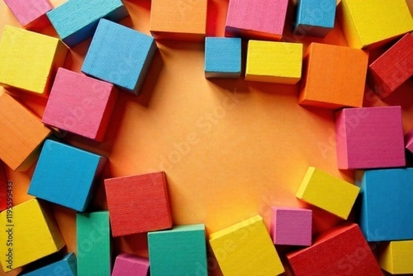 Fototapeta A vibrant collection of colorful wooden blocks arranged in a circular frame against a warm orange background, creating a playful and engaging composition.