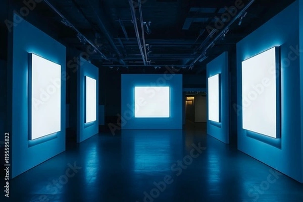 Fototapeta Vast gallery with blank white frames in blue lighting.