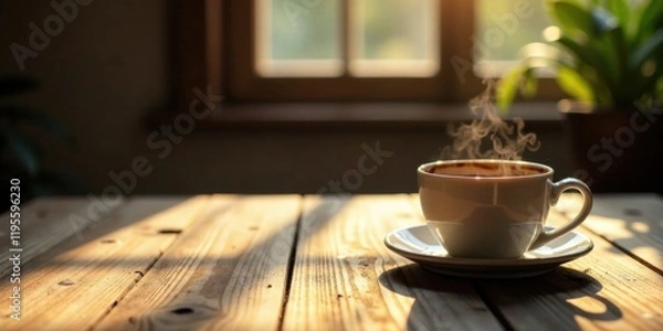 Fototapeta Warm Morning Coffee on Rustic Wood Table with Sunlight Streaming Through Window