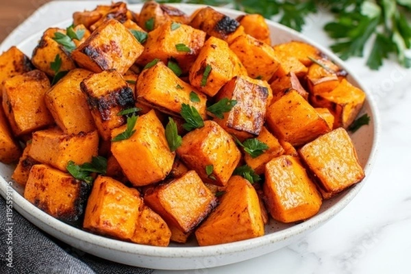 Fototapeta Roasted Sweet Potato Cubes with Parsley