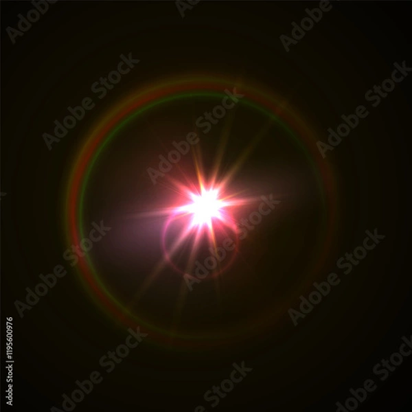 Fototapeta Light flare, shine flash sparkle or star glow ray or beam, realistic vector sunlight. Light glare with blur or bokeh flare effect background, shiny spark or bright starlight with lens flare effect