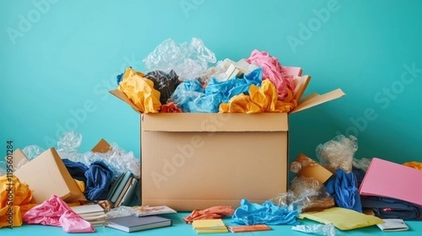Fototapeta Colorful Mess of Crumpled Paper and Packing Material in a Cardboard Box on a Bright Background
