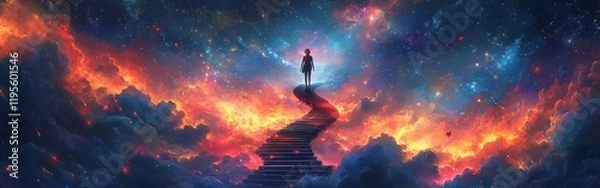 Obraz A surreal and vibrant illustration of a woman climbing a cosmic staircase, symbolizing enlightenment and a spiritual journey. Ideal for artistic posters, meditation content, and inspirational designs.