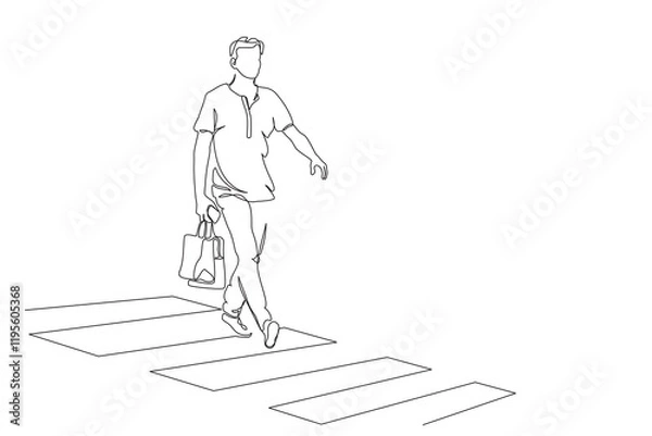 Fototapeta Man with bags crossing street with pedestrian zebra crosswalk. Continuous line drawing. Black and white vector illustration in line art style.