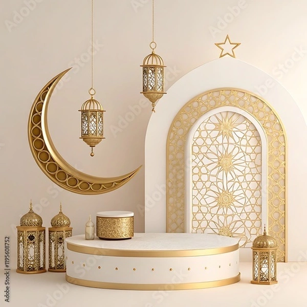 Fototapeta Islamic architecture, ornate arched doorway, golden crescent moon, hanging lanterns,