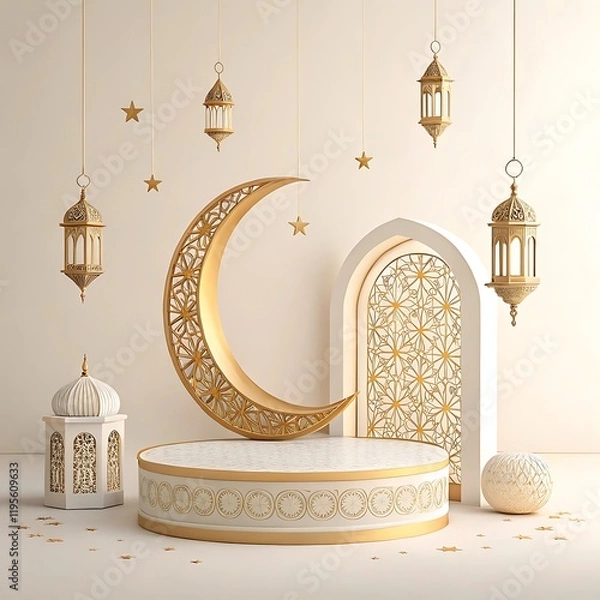 Obraz Islamic architecture, ornate arched doorway, golden crescent moon, hanging lanterns,