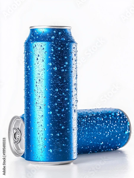 Fototapeta White and blue aluminum can mockup showcasing a refreshing soda and lemon drink packaging design ideal for cold beverage branding and modern creative product packaging and branding concepts