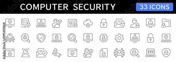 Fototapeta Computer and Cyber security thin line icons set. Editable stroke. Vector