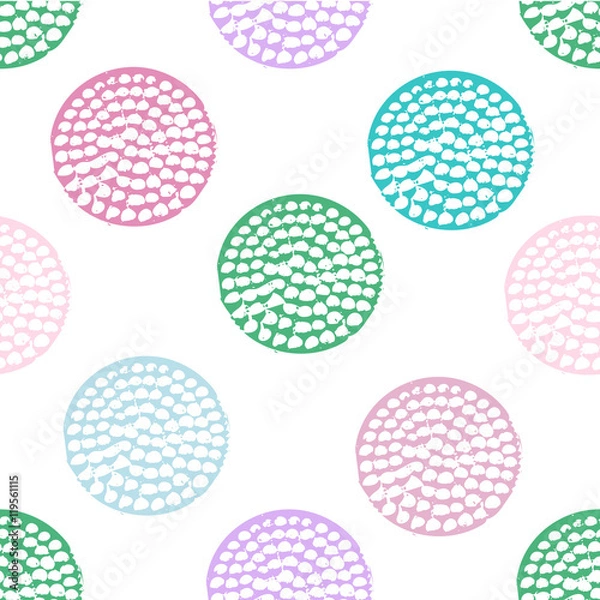 Fototapeta Blue, green, pink, violet and white geometric seamless pattern with grunge polka dot. Textured circles. Geometrical background for wrapping paper, website, wallpaper, ets. Vector illustration.