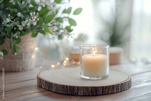 Obraz Burning soy candle creates cozy ambiance with fairy lights and flowers