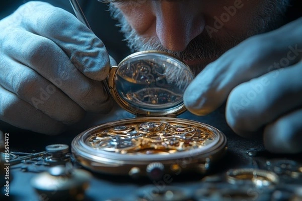 Fototapeta "Master Watchmaker meticulously repairing intricate vintage pocket watch with precision and craftsmanship, skilled artisan at work"
