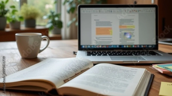 Fototapeta Cozy Home Office of a Translator with Tea and Open Book