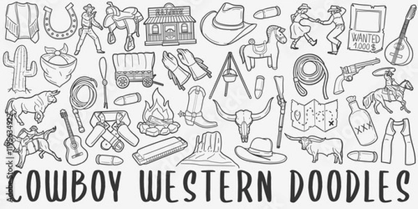 Fototapeta Cowboy Doodle Icons. Hand Made Line Art. Western Clipart Logotype Symbol Design.