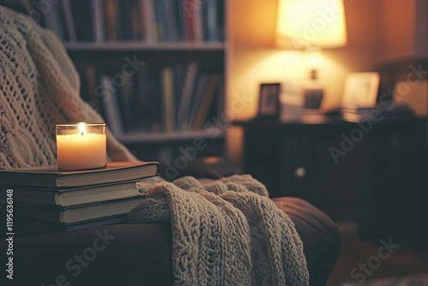 Fototapeta Cozy reading nook with warm light, soft blanket, and flickering