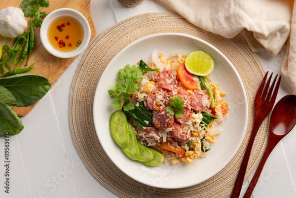 Fototapeta Thai Fried Rice with Sour Pork, Stir fried rice with fermented pork and egg in white plate.(Khao Pad Naem).Top view.