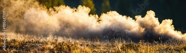 Fototapeta Dust clouds rise during off-road adventure mountain trail nature photography scenic view dynamic landscape