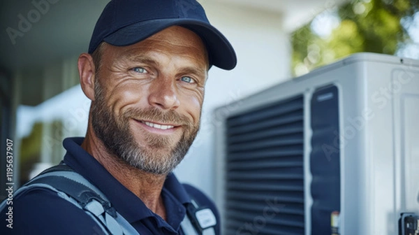 Fototapeta Conditioning Engineer Smiles While Working on Outdoor Unit in a Residential Area