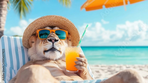 Fototapeta Funny Cute Lion Relaxing on the Beach With a Drink on a Sunny Day