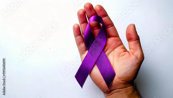 Fototapeta photo of right hand with bright white background holding purple ribbon in hand. At the end of the ribbon is a circle to commemorate world cancer day