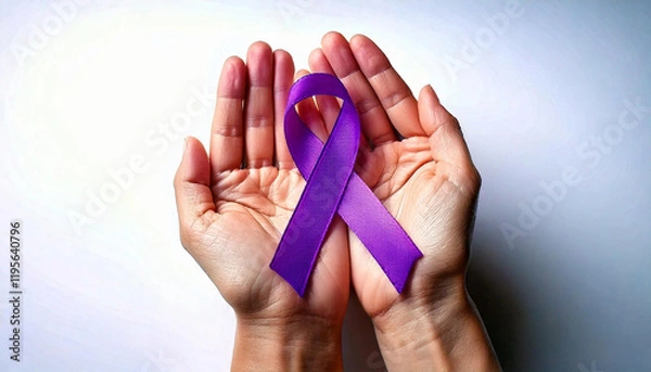 Fototapeta photo of hand with bright white background holding purple ribbon in hand. At the end of the ribbon is a circle to commemorate world cancer day