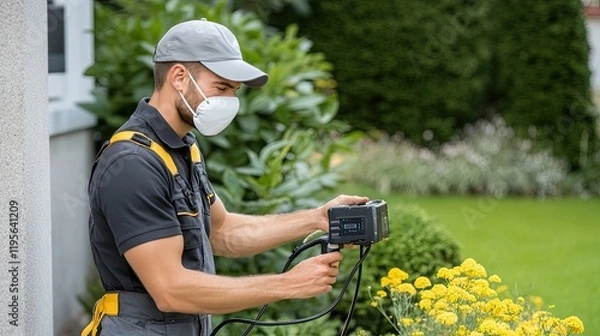 Fototapeta Worker in overalls holding a sprayer, wearing a mask while spray-painting equipment in a park surrounded by greenery
