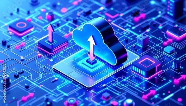 Obraz Cloud computing with data servers, smartphone, laptop, data storage, blue and purple color scheme, futuristic technology, 3D render, cybersecurity concept.