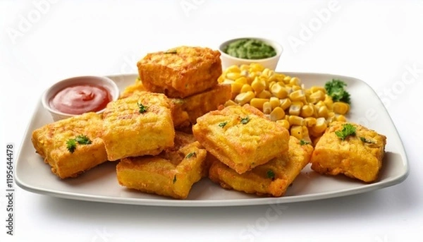 Fototapeta paneer and corn pakora on a white background isolated background