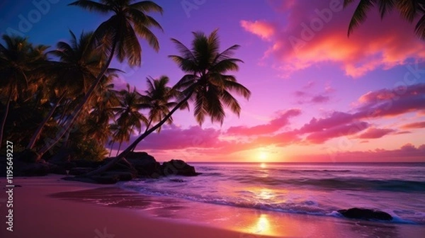 Obraz Ultra HD Magical Beach Landscape with Turquoise Waters, Palm Trees, and Stunning Sunset - Generative AI Generated Pink, Purple, and Orange Tones