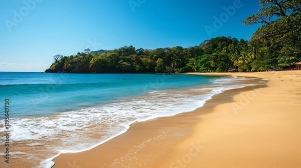 Fototapeta A calm tropical beach with soft golden sand, turquoise waves gently lapping against the shore