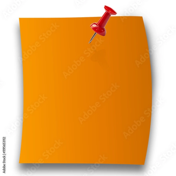Fototapeta Orange paper sticky note with red push pin isolated on png background