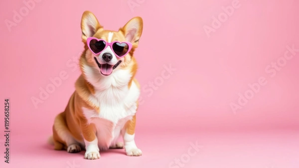 Fototapeta Pembroke Welsh Corgi dog sitting on pink background in pink sunglasses in shape of a heart and smiling. St Valentine Day banner for pet veterinary or grooming service