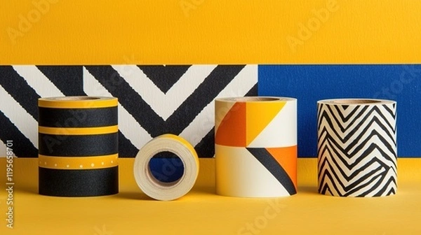 Fototapeta Colorful rolls of washi tape with various geometric patterns, displayed against a vibrant background of yellow and blue.