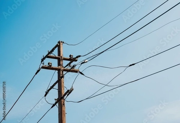 Fototapeta A beautiful row of tall telephone poles against a stunning sunset backdrop