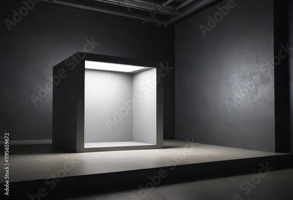 Fototapeta In a dimly lit dark room, there is a white box positioned in the center