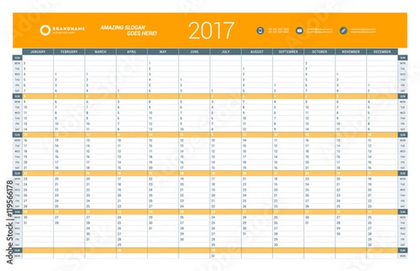 Fototapeta Yearly Calendar Planner Template for 2017 Year. Vector Design Print Template. Week Starts Sunday. Stationery Design