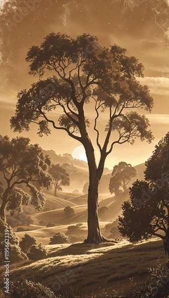 Fototapeta esthetic Wallpaper for Mobile: A Serene Vintage Sepia-Toned Landscape with Vibrant Neon Pink and Turquoise Hues Clash, Blending Classic Charm with Bold, Modern Colors for a Unique Visual Experience