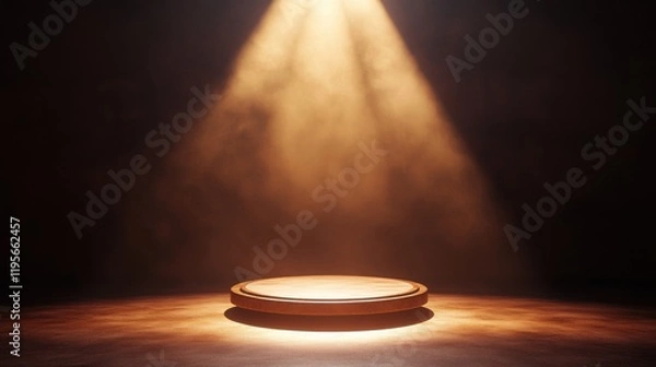 Fototapeta Dramatic Spotlight on Empty Stage with Smoke and Warm Lighting
