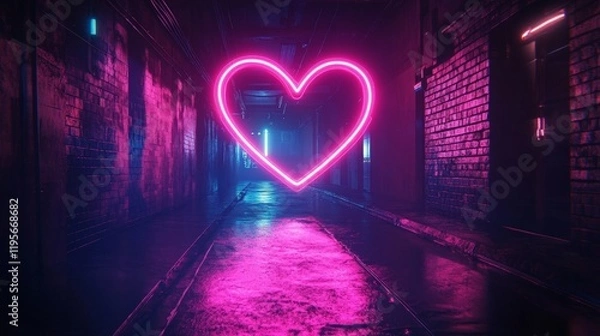 Fototapeta A vibrant neon light in the shape of a heart, glowing in a dark ambiance. Perfect for Valentine's Day and modern decor.