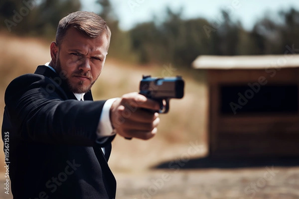 Obraz A bodyguard practicing at a shooting range with a focused expression.