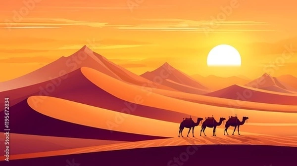 Fototapeta A stunning desert landscape at sunset, with towering sand dunes, a caravan camels, and the sky painted in warm hues orange and pink.