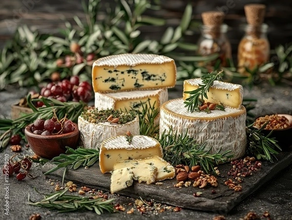 Fototapeta Artisan cheese display rustic kitchen high-resolution food natural setting close-up gourmet concept