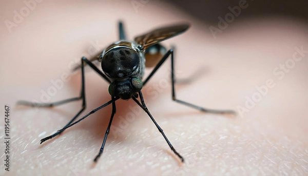 Fototapeta  a mosquito on human skin, Biting mosquito,  a mosquito resting on human skin, macro shot showcases the mosquito s compound eyes proboscis, created with generative ai