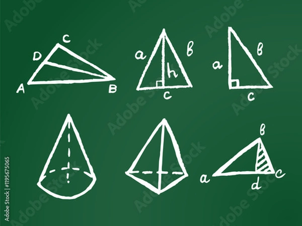 Fototapeta Chalk triangle formulas on green chalkboard. Hand drawn vector illustration