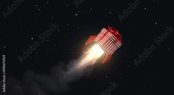 Obraz Gift Rocket Launching into Space - Festive Holiday Background