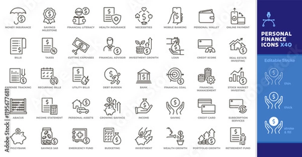 Fototapeta Personal finance thin line icon set. Vector editable stroke. Saving, investing, money management.