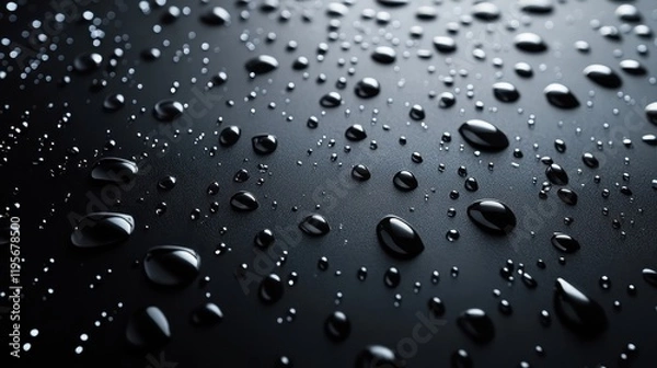 Fototapeta Raindrops on a smooth black surface creating a reflective pattern